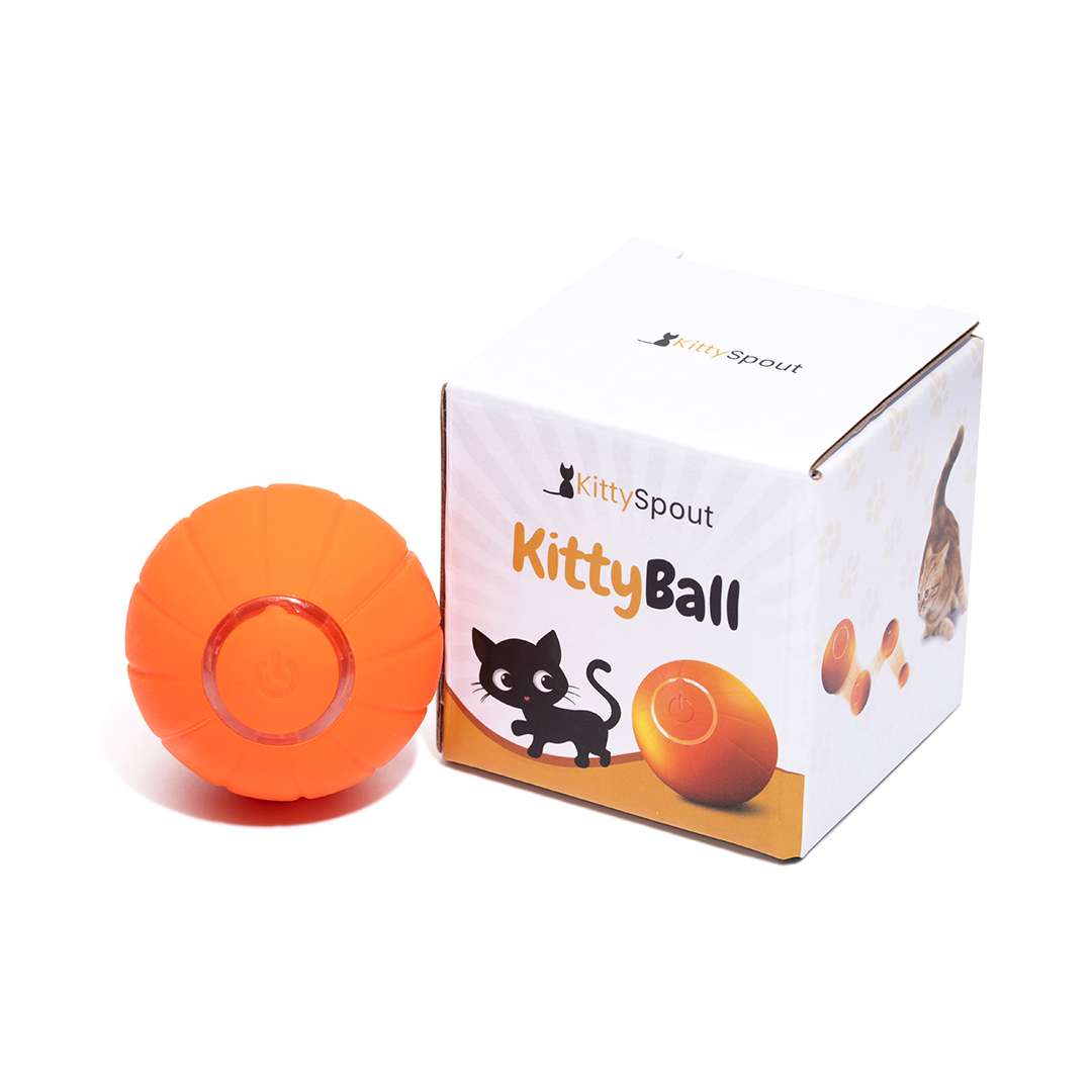 Orange KittySpout KittyBall and its packaging, featuring a black cat illustration and a kitten image.