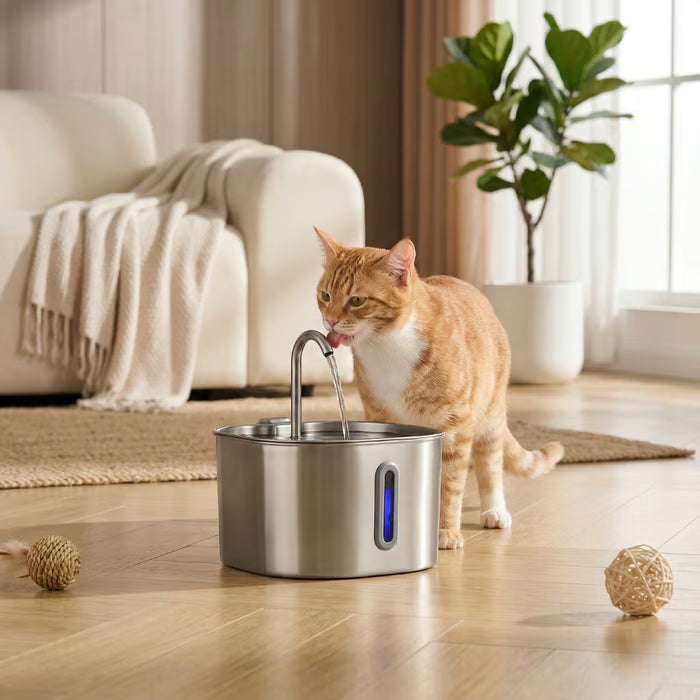 Cat beside a stainless steel fountain